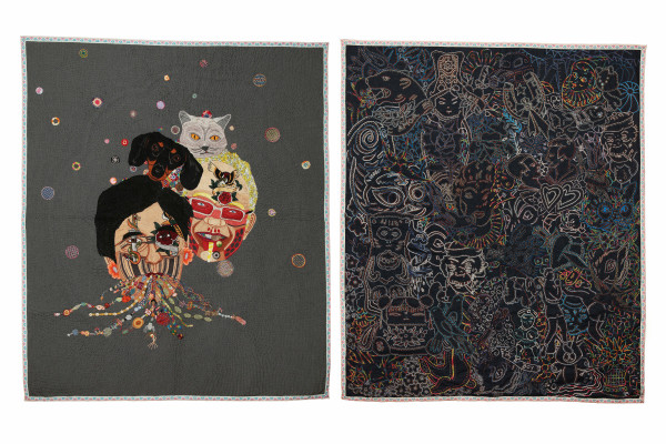 Tatuaje (Dipthyc)  2013 Hand embroidery with cotton thread and jewerly effect on fabric 165 x 138 m each one Chiachio & Giannone