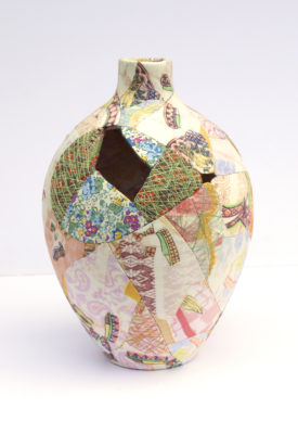 zoehillyard-ceramic-patchwork_brightonpatchvase-2013_silk-linen-ceamic-thread_25cmx16cm