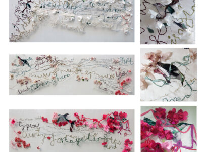 A FewWords - Southmead Hospital Bristol silk, thread, silk ribbon, entomology pins each panel 120 x 40 cm 2015