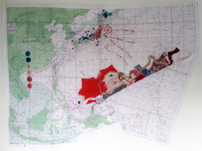 Tsunami (2011) 79 x 89 cm made from kimono silks and stitch on printed orientation map (mixed fibres)