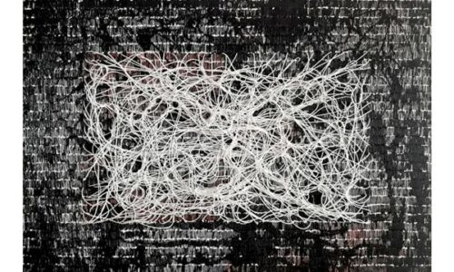 Rodrigo Franzao textile art What I hear, 2018, 114 cm x 85 cm, Fabric, Elastic thread and Acrylic, Private collection - Sao Paulo, Brazil