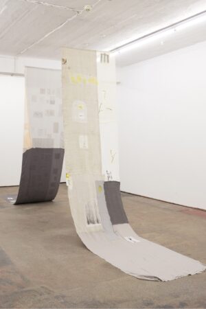 Letters & Markers, 2019, 100x400cm, oak-gall ink on mixed textiles