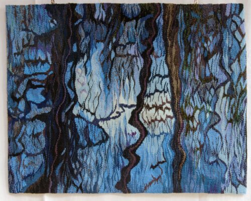 1 Blue reflections . Wall haging. 60 by 80cm. Frances Crowe materials cotton warp and wool weft. date 2016 4 mb