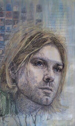The 27 Club- Kurt Cobain - Free motion stitch & acrylic on silk organza & canvas - 53cm x 80cm - Deb Shepherd Stitch Artist